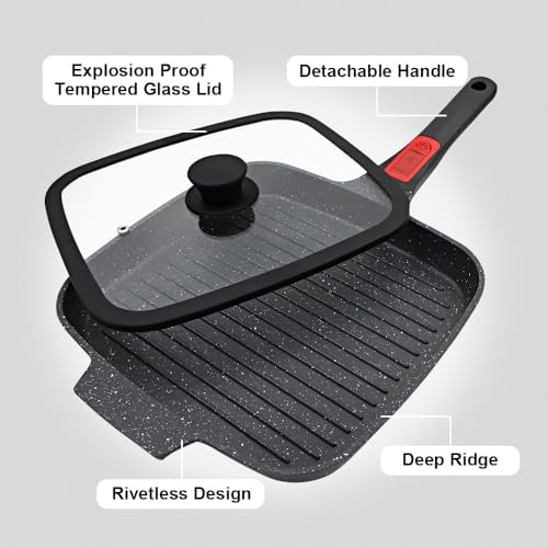 RANX INGST Griddle Pan with Lid, 10 Inch Non Stick Grill Pan, Black