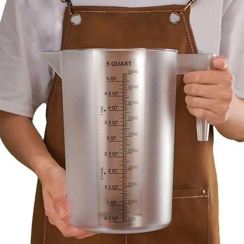 1 Gallon / 5 Quart / 5000 ml Large Plastic Measuring Pitcher with Handle, Clear Heavy Duty Mixing Pitcher with mL/QT/GAL Markings for Garden, Pool Chemicals, Motor Oil & Kitchen