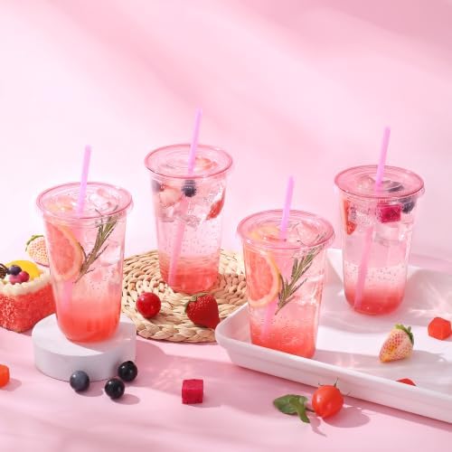 tchrules 100 Set 18oz Pink Plastic Disposable Cups with Lids and Straws