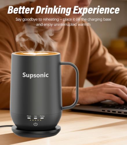 Supsonic - 16oz Self Heating Coffee Mug, Smart Heated Coffee Mug Faster Direct-Contact Heating Up to 149°F, Coffee Mug Warmer Set with Auto Shut-Off - Gifts for Men Women | S2