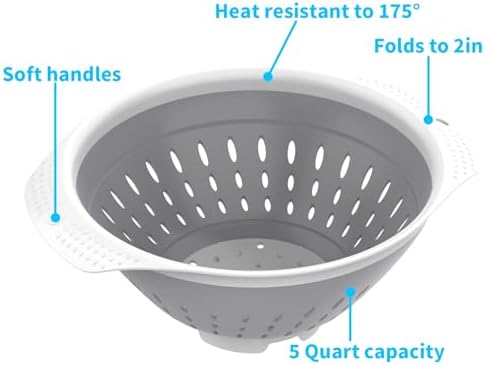5 Quart Collapsible Colander，BPA Free，Dishwasher Safe，Silicone Food Strainer with Plastic Handles，Heavy Duty Foldable Heat Resistant Pasta and Veggies Kitchen Drainer Steam Basket，Gray