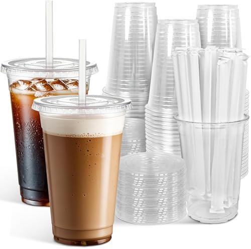 Ginkgo 100 Pack - 16 oz Clear Plastic Cups with Lids and Straws