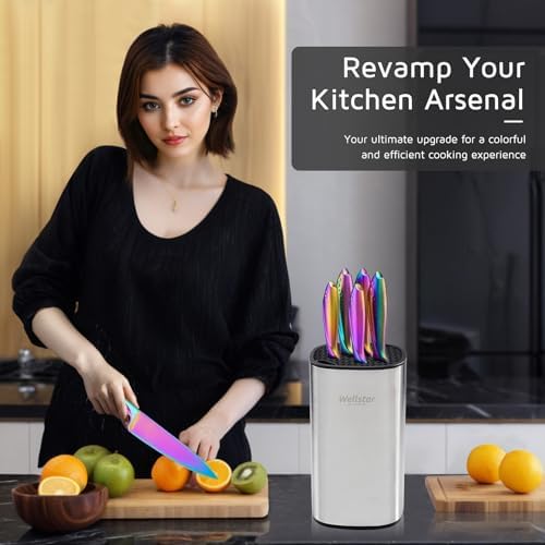 WELLSTAR Rainbow Knife Set - 7-Piece Iridescent German High-Carbon Stainless Steel Kitchen Knives with Universal Knife Block, Colorful Kitchen Cutlery for Cooking and Food Prep