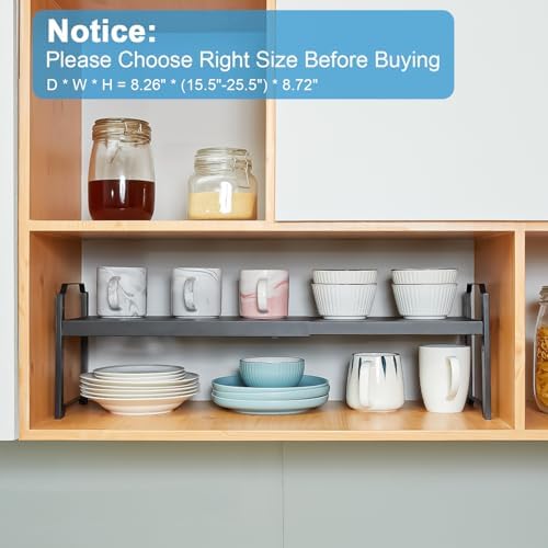 X-cosrack 25.5 Inches 2 Pack Expandable Cabinet Shelves, Stackable Shelf Organizer for Kitchen Cabinet Countertop Storage, Adjustable Counter Cupboard Pantry Organizer Shelf Rack Stand Riser, Black