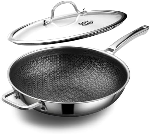 DOTCLAD Wok pan,Hybrid 12 inch Wok with Lid, PFOA Free Cookware,non stick Stainless Steel Woks & Stir-fry pans Nonstick, Dishwasher and Oven Safe, Works on Induction