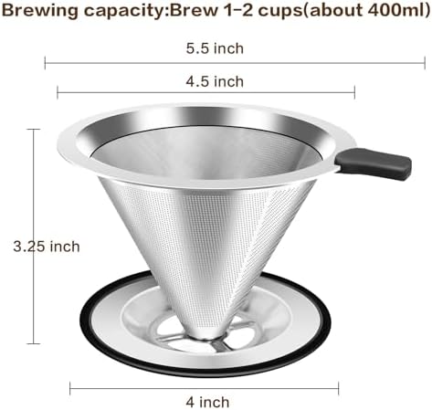 Pour Over Coffee Dripper, Stainless Steel Coffee Filter, Paperless Reusable Coffee Filter, Double Micromesh 600 Mesh Strainer Coffee Maker with Heat-Resistant Silicone Handle & Base (1-2 Cups)