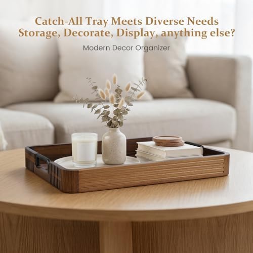 Acacia Wood Serving Tray with Metal Handle, 17x13in Tray for Ottoman