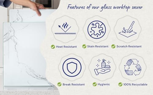 Kitchenville Glass Cutting Board 16"x12": Tempered Glass Kitchen Counter Protector - Durable- Scratch-Resistant, Heat-Proof - Design 2 - White Marble Effect