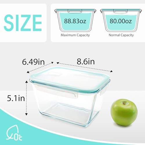 NUTRIUPS 2.6L Large Glass Food Storage Container, 9×6×5in