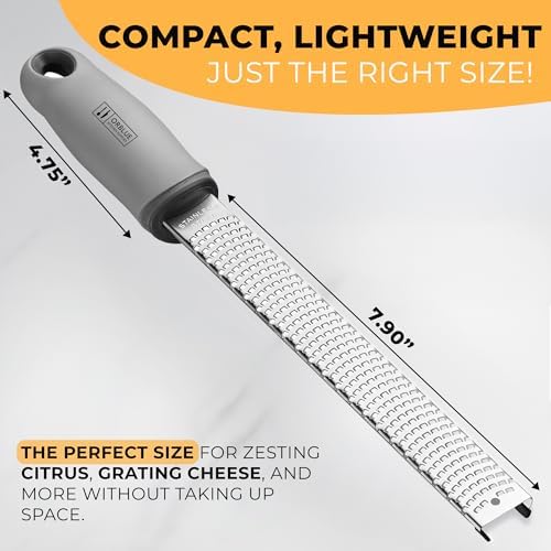 Orblue Lemon Zester & Cheese Grater - Premium Citrus Zester, Kitchen Grater for Parmesan, Chocolate, Fruits, Vegetables, Ginger, Garlic, Nutmeg - Stainless Steel Blades with Protective Cover, Gray