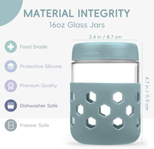 Gemice 6-Pack 16oz Glass Mason Jars with Silicone Sleeves, Airtight BPA-Free Overnight Oats Containers with Lids, Dishwasher Safe Leak-Proof Meal Prep Jars for Chia Pudding, Yogurt, Snacks