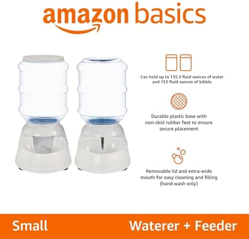 Amazon Basics Automatic Pet Water Dispenser and Gravity Food Feeder Set for Cat and Dog, Easy to Clean, 152fl.oz food feeder, 135.3fl.oz water dispenser, Small, Pack of 2