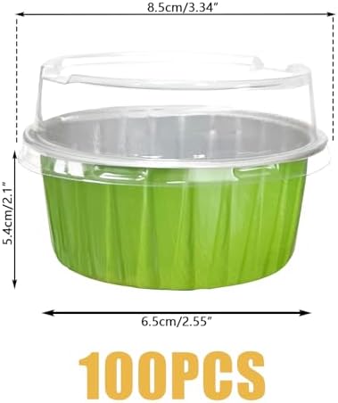 100Pcs Aluminum Cups with Lids,5oz Disposable Ramekin Baking Cups Muffin Liners Mini Pie Pans Foil Cupcake Containers for Christmas Party Wedding Party,Grass Green