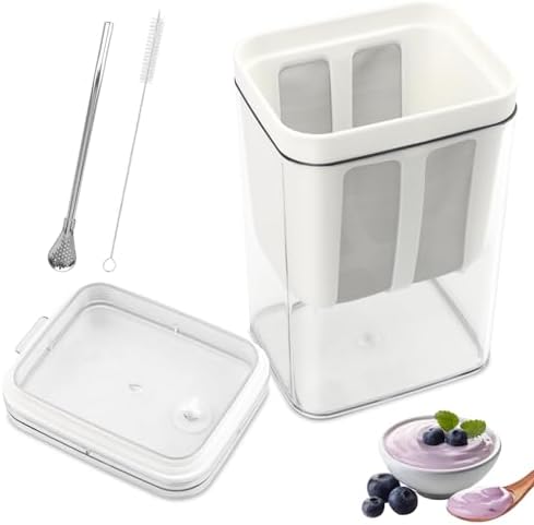 1100ml Greek Yogurt Maker & Strainer with Straw Spoon, Brush & Mesh Bag