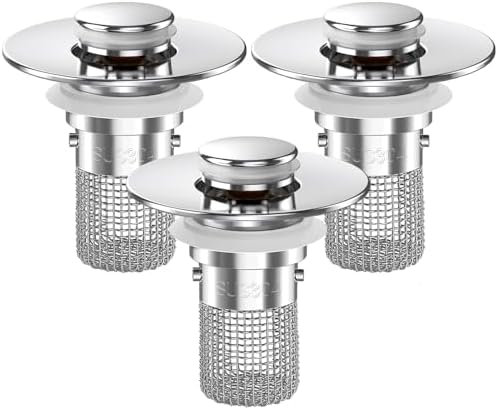 Bathroom Sink Drain Strainer, Pop-up Sink Drain Strainer with Removable Stainless Steel Strainer Basket Hair Catcher, Bathroom Sink Strainer for Bathroom Sink Stopper Replacement (3PCS)