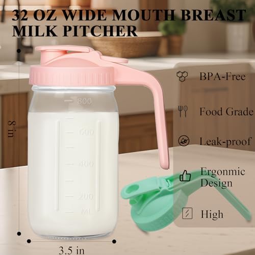 Mason Jar Pitcher, 32 oz Glass Milk Pitcher, Wide Mouth & Leakproof Glass Pitcher with Lid for milk, Sun Tea, Juice, Cold Brew Coffee and Drinks