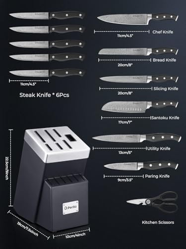 Knife Set, D.Perlla Kitchen Knife Set with Advanced Self-Sharpening Technology, 14 Piece Waved Texture Knife Set with Block, High Carbon Stainless Steel Knife Block Set, Razor-Sharp, Full Tang Handle