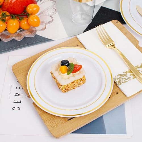 350 Pieces White and Gold Plastic Plates - 50 Guest Dinnerware Set Include 100 Plates, 50 Gold Plastic Silverware, 50 Paper Napkins and 50 Cups for Wedding/Baby Shower/Birthday/Party