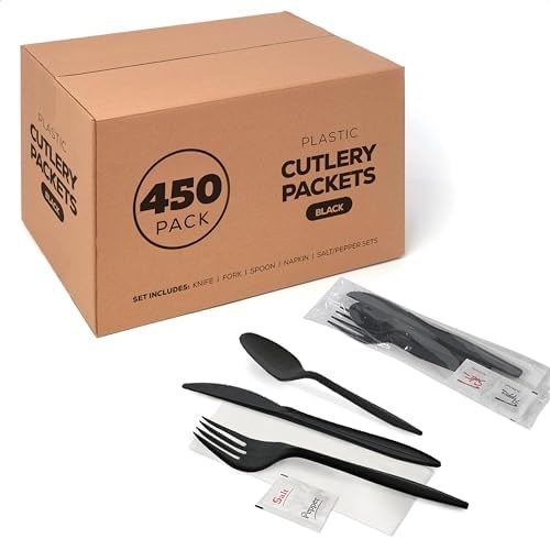 450 Plastic Cutlery Packets - Knife Fork Spoon Napkin Salt Pepper Sets | Black Plastic Silverware Sets Individually Wrapped Cutlery Kits, Bulk Utensil Cutlery Set Disposable To Go Silverware