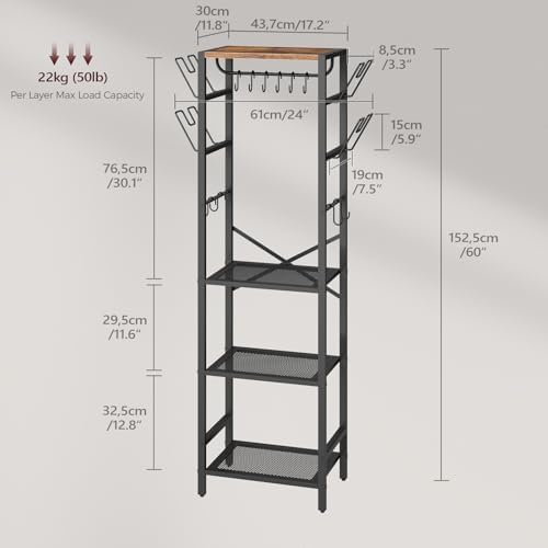 MAHANCRIS 4-Tier Pot Rack, Pots and Pans Organizer for Kitchen Corner, Kitchen Storage Rack with U-Shaped Lid Holders, Freestanding Cookware Stand, Rustic Brown and Black POHR3001