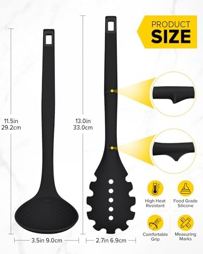 BUNDLEPRO Silicone Soup Ladle and Pasta Spoon Set, One-Piece, 2 Pack, Black