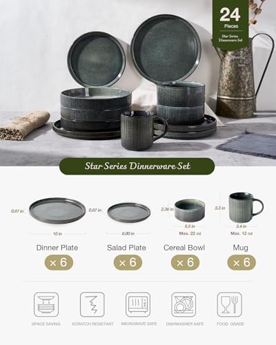 Famiware Star Dinnerware Sets with Mugs, Ceramic Plates and Bowls Set for 6