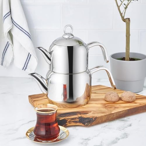 Karaca Manes Mini Turkish Teapot Set - Stainless Steel Teapot with Lid - (Turkish Tea Pot 0,85 Liters & Water Tank 1,25 Liters) - Non-Burning Bakelite Handles Midi Tea Maker & Induction Kettle