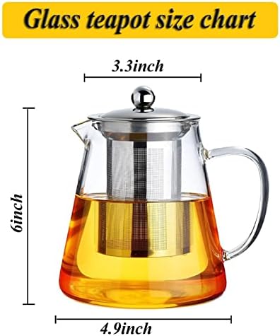 Glass Teapot with Removable Stainless Steel Infuser, Borosilicate Glass Tea Pot with Strainer,for Blooming Tea & Loose Leaf Tea, Microwave & Stovetop Safe (33OZ)