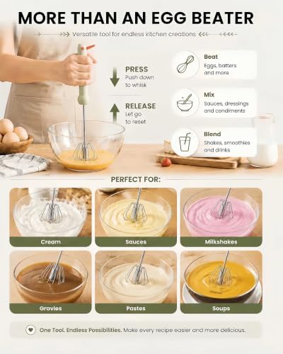 2 PC Semi-Automatic Stainless Steel Egg Beater, Hand Push Rotary Whisk