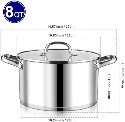 LIANYU Stainless Steel Stock Pot, 8 QT Large Soup Pot for Home Kitchen