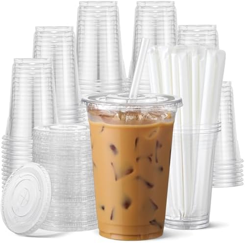AOZITA 100 Pack - 16 oz Clear Plastic Cups with Lids and Straws, Food Safe Disposable Iced Coffee Cups for Cold Beverages, Smoothies, Iced Coffee, Leak-Proof, BPA-Free