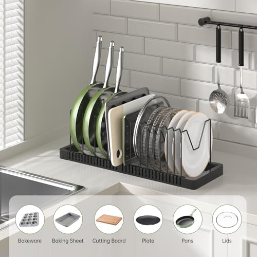 PanPanPal Pots and Pans Organizer under Cabinet, Expandable Pot Lid Organizer Holder with 14 Adjustable Compartment, Pan Organizers inside Cabinet for Lids, Bakeware, Kitchen Storage Pot Rack, Black