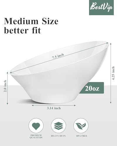 BESTVIP 20 Oz White Plastic Angled Serving Bowls, 12 Pack