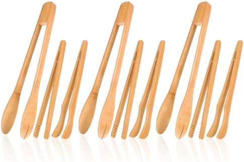 Zopeal 9 Pcs 7 and 12 Inch Bamboo Toaster Tongs, Wooden Tongs for Cooking