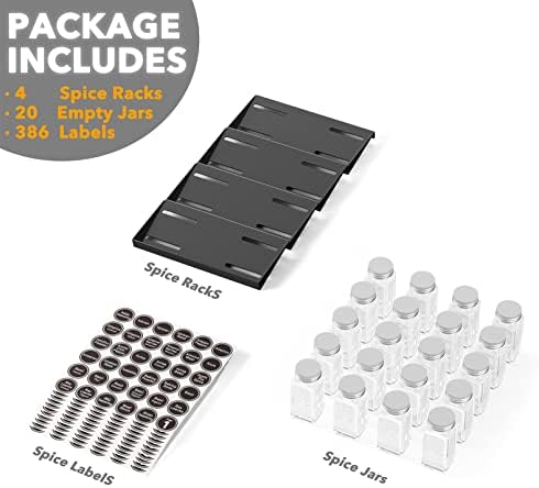 SpaceAid Spice Drawer Organizer with 20 Spice Jars, 386 Spice Labels, 4 Tier Seasoning Rack Tray Insert for Kitchen Drawers, 9-1/2" Wide x 17-1/2" Deep