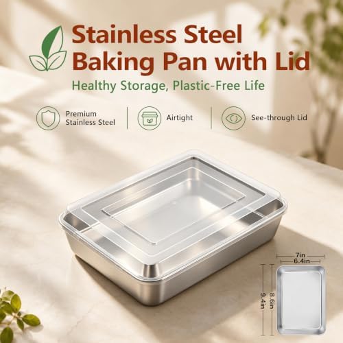 E-far Small Stainless Steel Baking Pan with Lid, 9.4 x 7 x 2 Inch for Cake