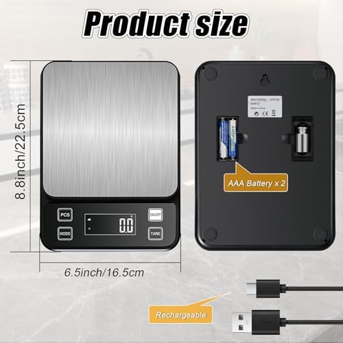 Waterproof Kitchen Scale, 5kg/11lb Food Scale Precisely Measures Grams and Ounces for Baking and Cooking, Stainless Stee Digital Scale with Backlight for Food