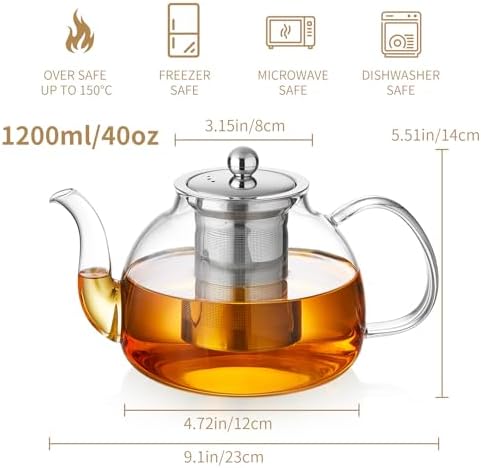 DOPUDO Glass Teapot with Infuser, 40 oz Borosilicate Tea Kettle