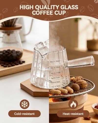 2 PCS Espresso Measuring Cup 6 Oz, Espresso Glass Cups with Glass Handle, Milk Frothing Cup, Espresso Cup for Coffee, Milk, Tea or Maple Syrup Serving (Pure Transparent Color)