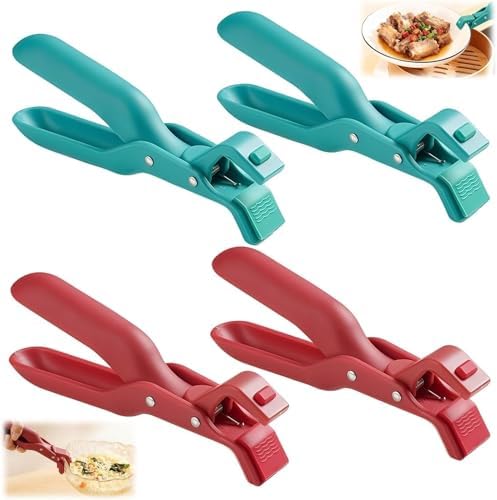 4PCS Hot Plate Gripper Tong, Dip Clips for Plate, Bowl Holder for Hot Food, Anti Scald Bowl Holder Clips for Kitchen (Red + Blue)