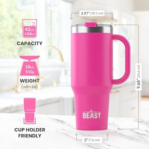 Beast 42 oz Tumbler with Handle Stainless Steel Vacuum Insulated Coffee Ice Cup Double Wall Travel Flask (Cupcake Pink)