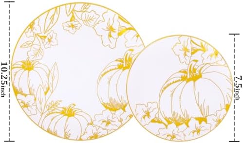 FLOWERCAT 60PCS Thanksgiving Plates & Gold Pumpkin Plates - Including 30PCS 10.25inch Thanksgiving Dinner Plates and 30PCS 7.5inch Dessert Plates for Giving Thanks Theme Party
