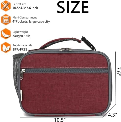 GYEUKHAM Insulated Lunch Box for School, Thermal Reusable Durable Freezable Lunch Bags for Kids Boys Girls Men Women - Small Soft Cooler Portable Lunch Tote Kit for Work Picnic Travel,Dark Red