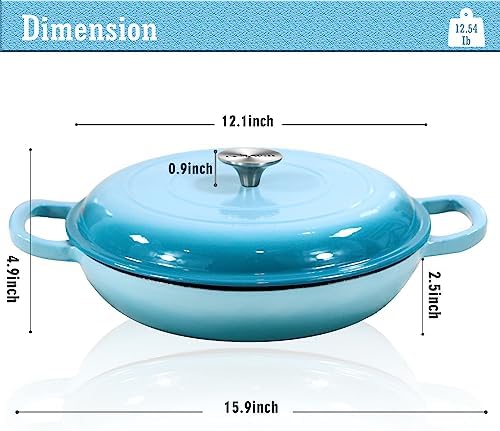 COOKWIN Cast Iron Casserole Braiser, 3.8 Quart,Heavy Duty Casserole Skillet with Lid and Dual Handles, Porcelain Enameled Surface Cookware Pot, Mother's Day Gifts for Family Light Blue