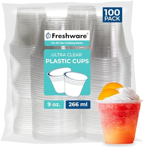 Freshware 9 oz Clear Disposable Plastic Cups, 100 Pack Clear Plastic Cups Tumblers, Heavy-duty Party Glasses, Disposable Cups for Thanksgiving, Halloween, Christmas Party