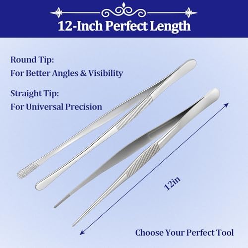 12-inch Stainless Steel Cooking Tongs & Tweezers, Non-Slip Grip & Serrated Tips for Grilling, Baking, Garnishing, BBQ, Kitchen & Craft Use (Straight Tip & Round Tip)