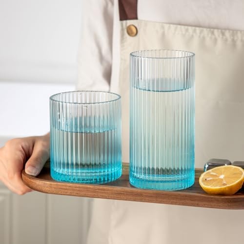 Ribbed Drinking Glasses 8pcs, 12oz and 10oz Glassware, Tumbler Glasses Cup Set for Wedding, Party, Christmas Gift, Blue