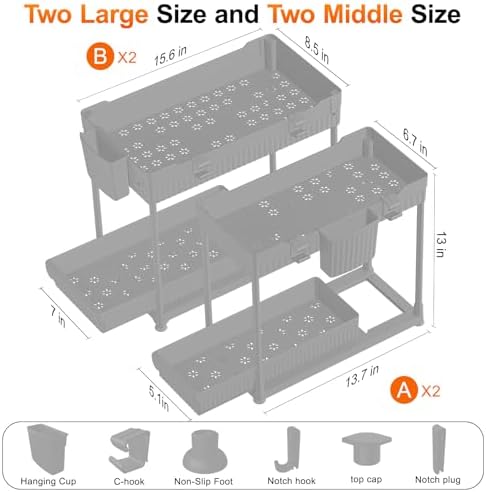 Sevenblue 4-Pack 2-Tier Under Sink Organizer with Pull Out Drawers