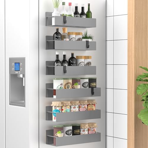 HuggieGems Metal Magnetic Spice Rack for Refrigerator Gray, 6 Pack