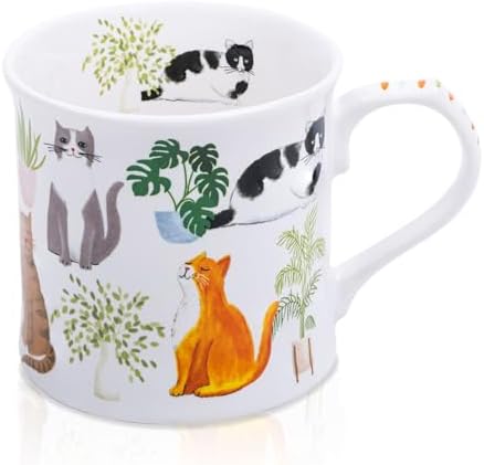 Cute Cats & Plants Coffee Mug - 12 oz Fine New Bone China Coffee Tea Cup with Kitten Design, Cat Mom Gifts for Women, Holiday Gift for Cat Lovers & Friends, Designed in England by Harvest Green Studio